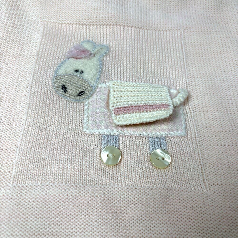 Neiman Marcus Pale Pink Wool Baby Blanket Pony? Knit Checked Trim 26x30 Italy